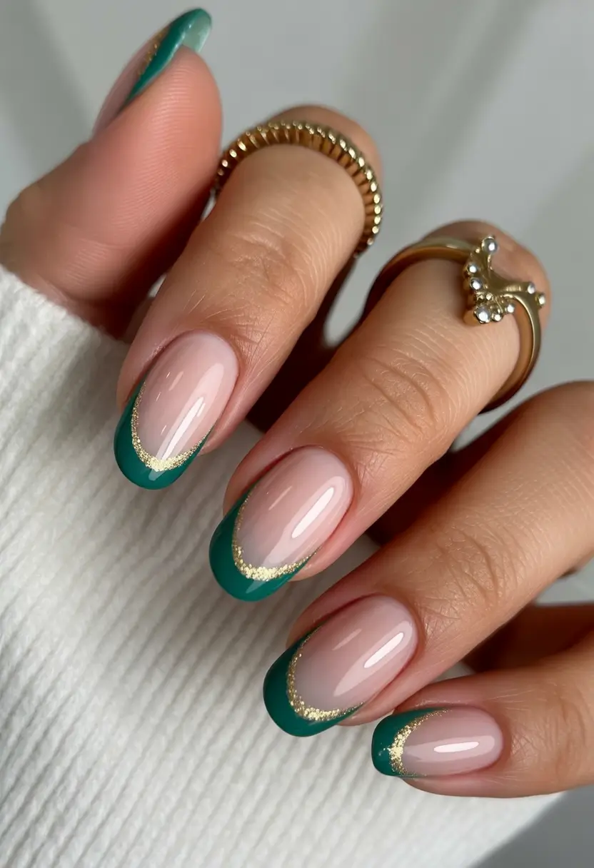 Trendy French Nails Ideas Winter 2025–2026 Emerald and Gold French