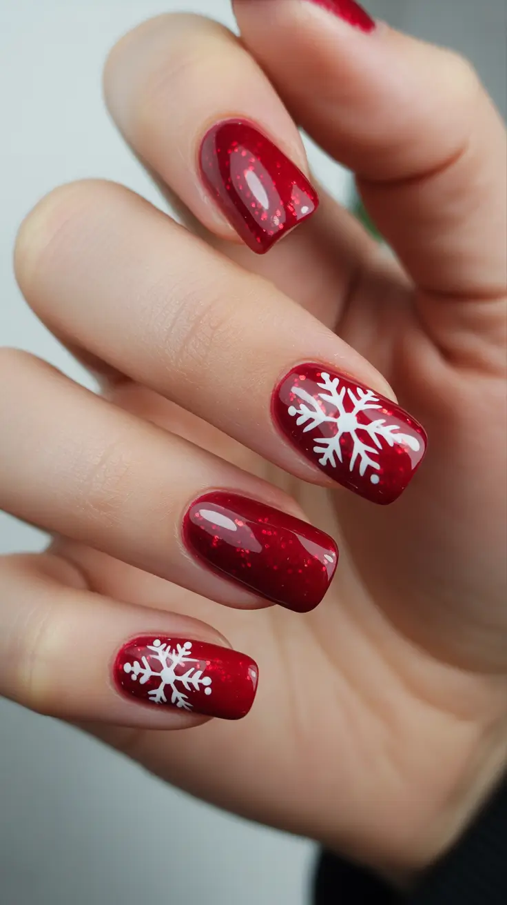 Trendy Manicure Ideas Winter 2025–2026 Classic Red with Snowflake Charm