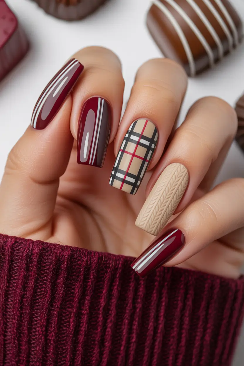 Trendy Manicure Ideas Winter 2025–2026 Cozy Plaid & Sweater Chic