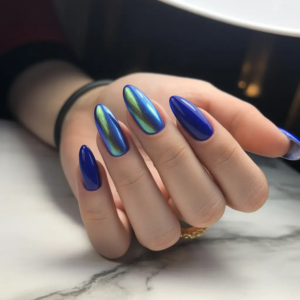 Trendy Manicure Ideas Winter 2025–2026 Royal Blue Chrome Glow