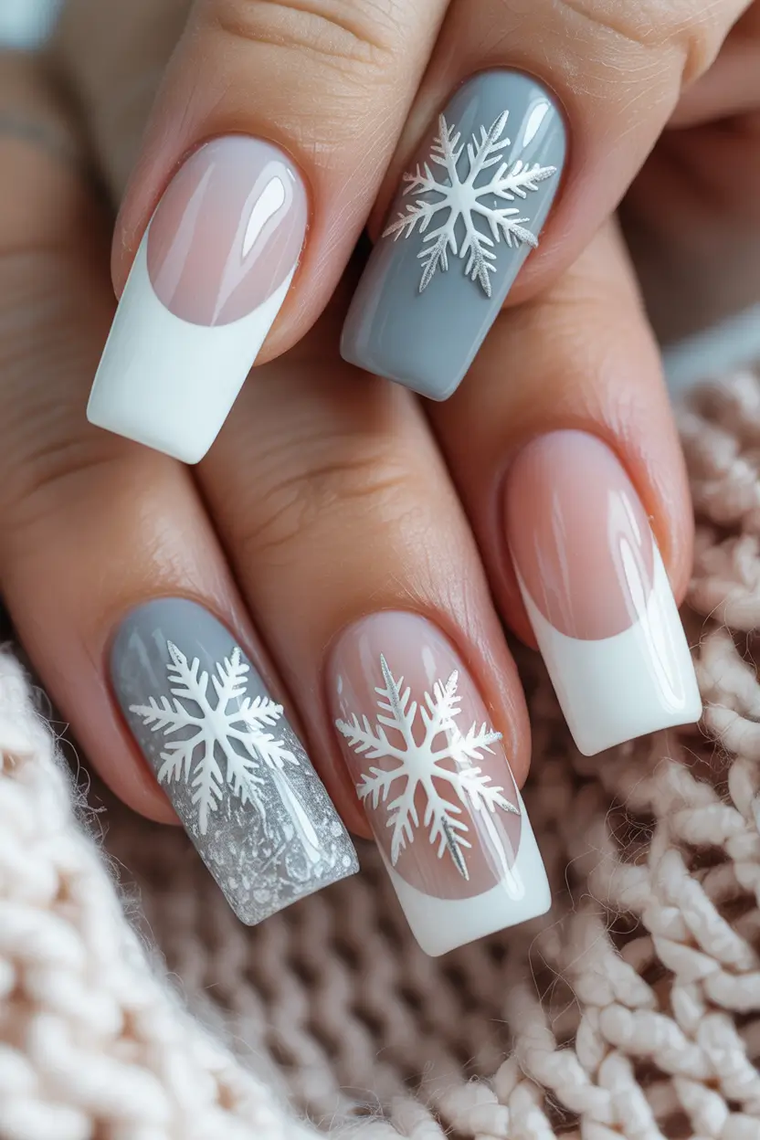 Trendy Manicure Ideas Winter 2025–2026 Snowflake French Frost