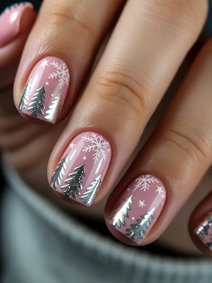 Trendy Pink Winter Nails 2025–2026 Frosted Pink Forest Magic