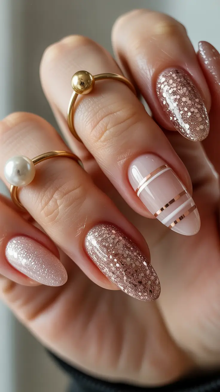 Trendy Pink Winter Nails 2025–2026 Golden Champagne Sparkle