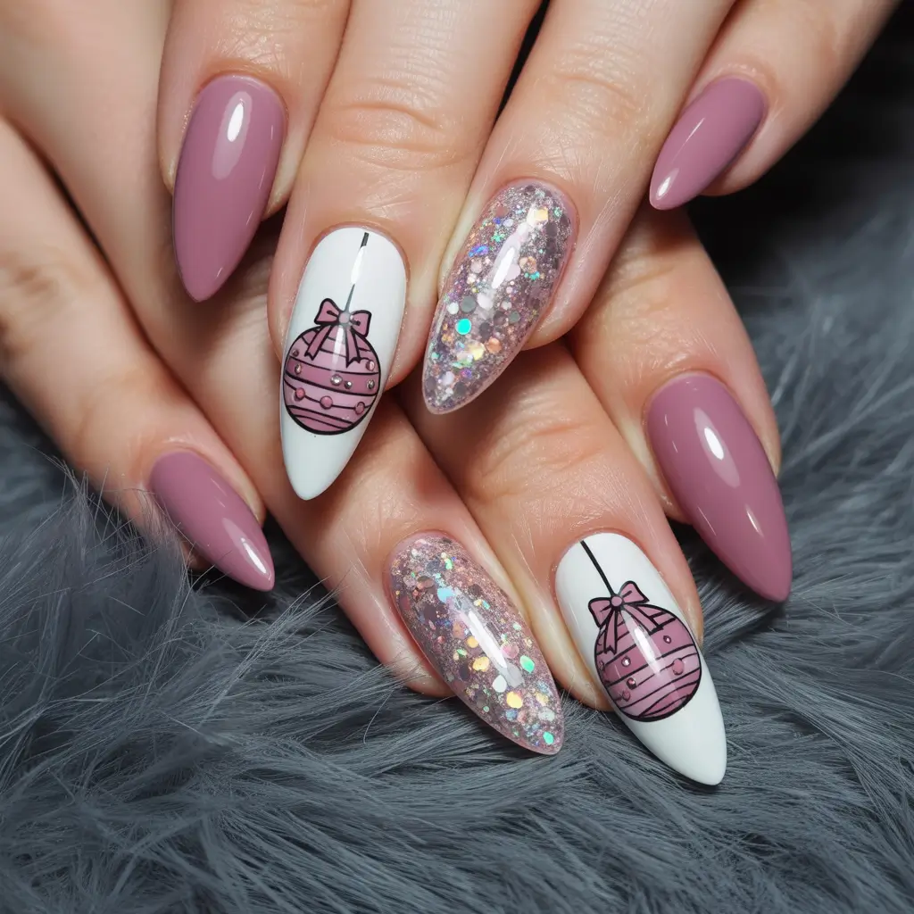 Trendy Pink Winter Nails 2025–2026 Festive Ornament Glam