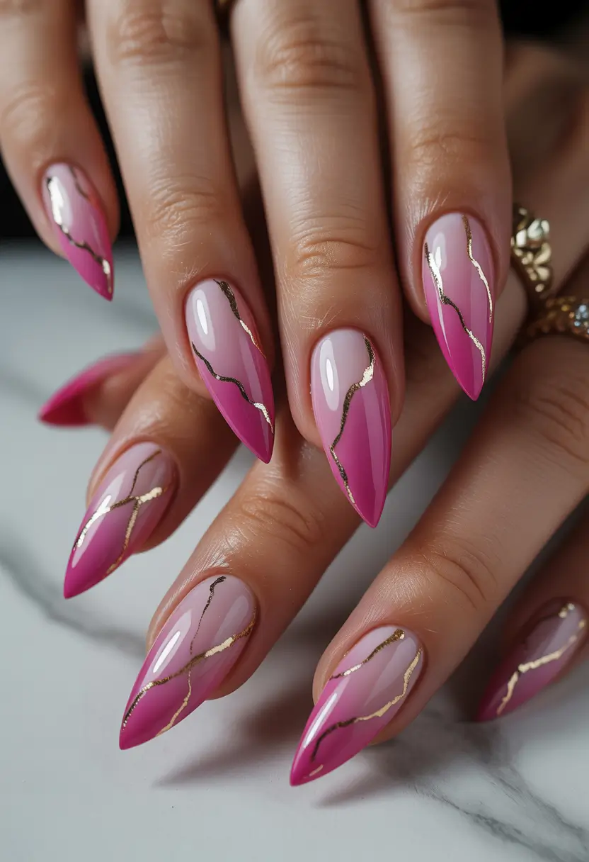 Trendy Pink Winter Nails 2025–2026 Pink Gold Lightning