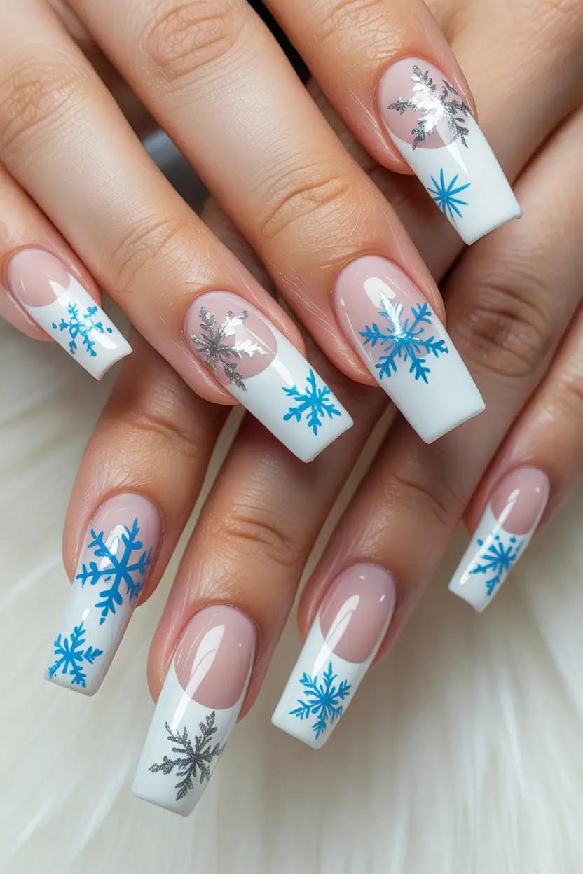White Nail Trends Christmas 2025 Frosted Snowflake French