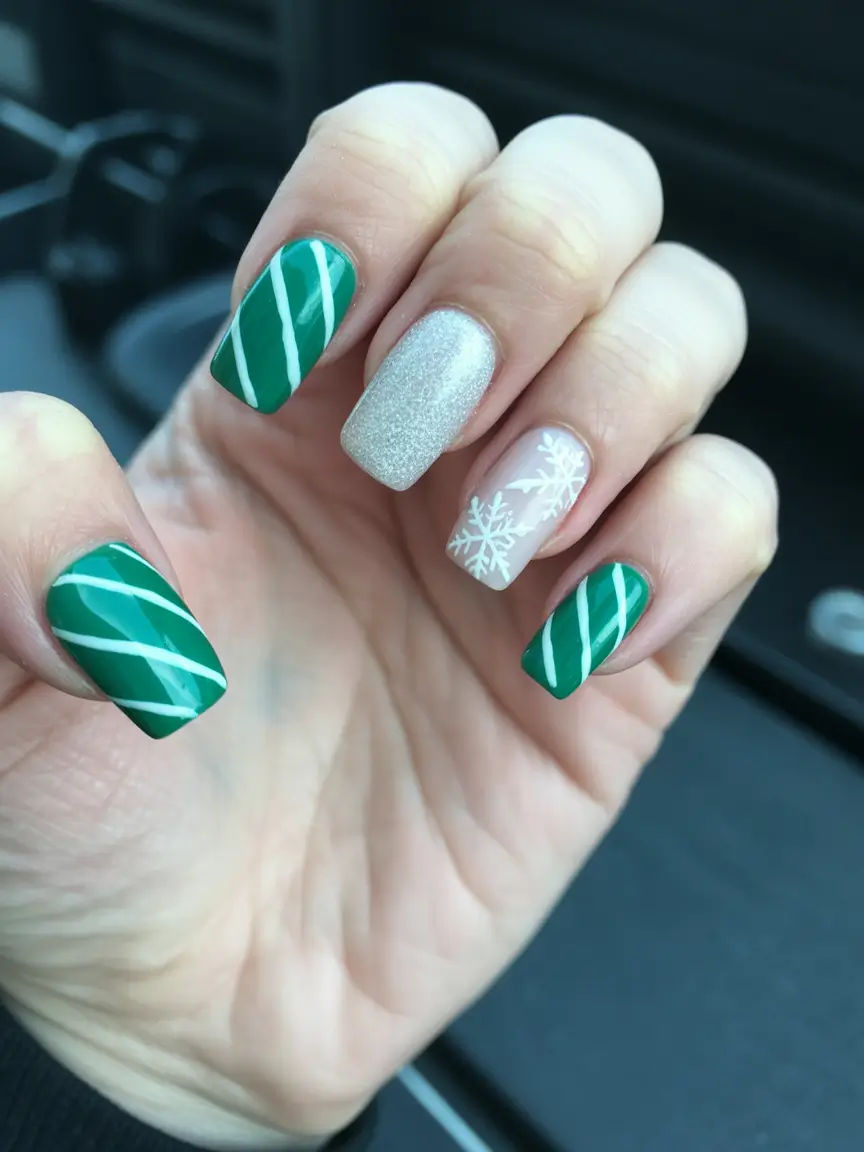 White Nail Trends Christmas 2025 Green Candy Stripe Delight