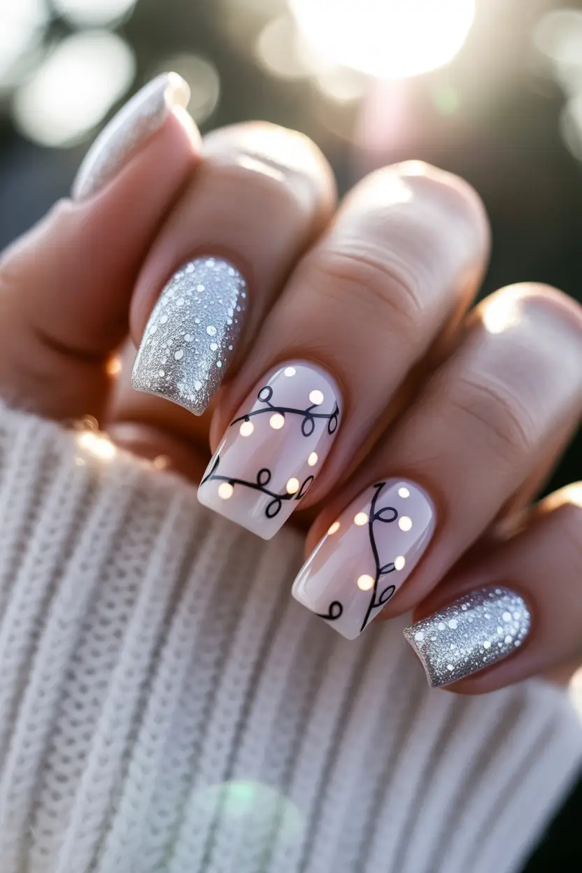 White Nail Trends Christmas 2025 Silver String Lights