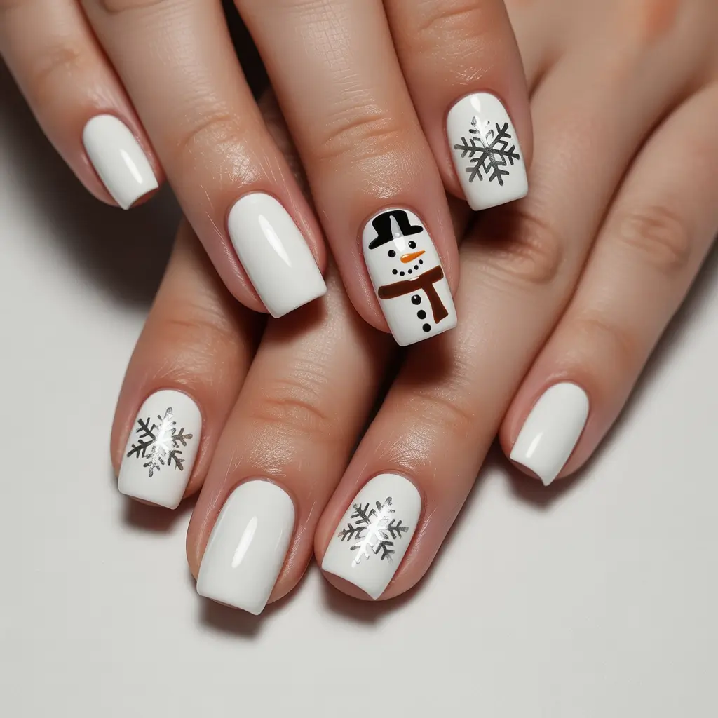 White Nail Trends Christmas 2025 Snowman & Snowflakes Bliss