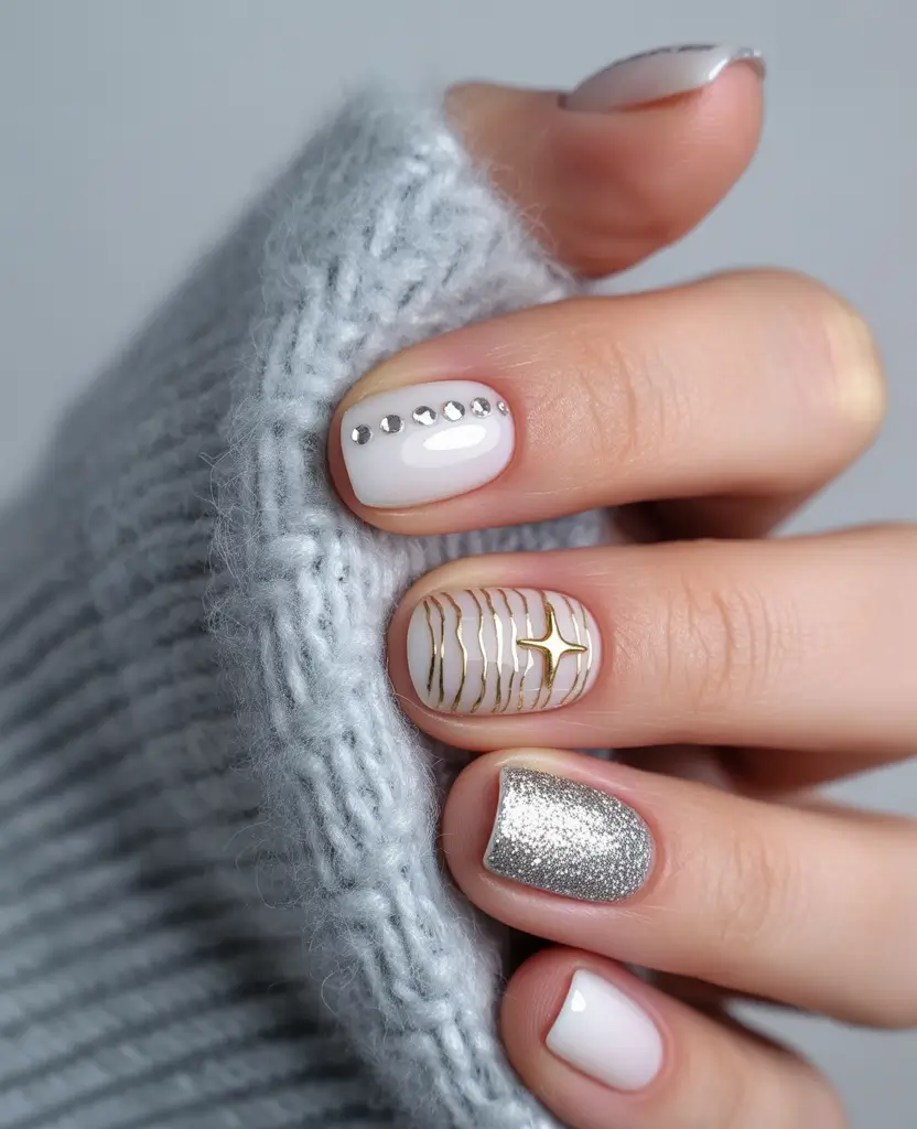 White Nail Trends Christmas 2025 Golden Whisper Sparkle