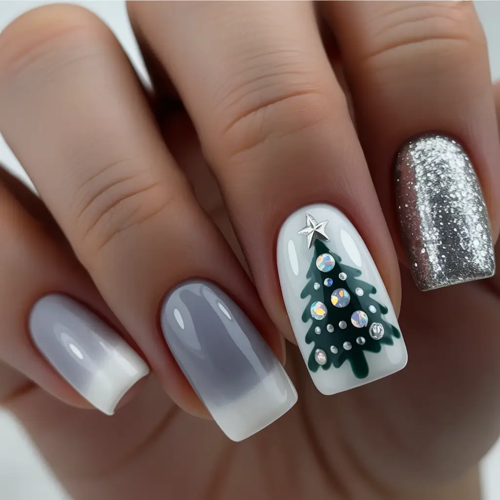 White Nail Trends Christmas 2025 Silver Spark Christmas Tree