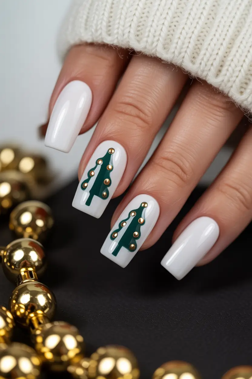 White Nail Trends Christmas 2025 Evergreen Luxe Trees