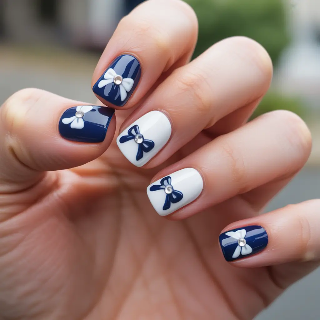 White Nail Trends Christmas 2025 Midnight Bow Chic