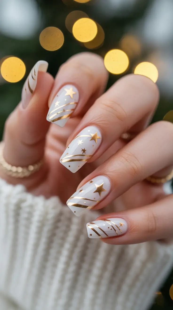 White Nail Trends Christmas 2025 Golden Shooting Stars