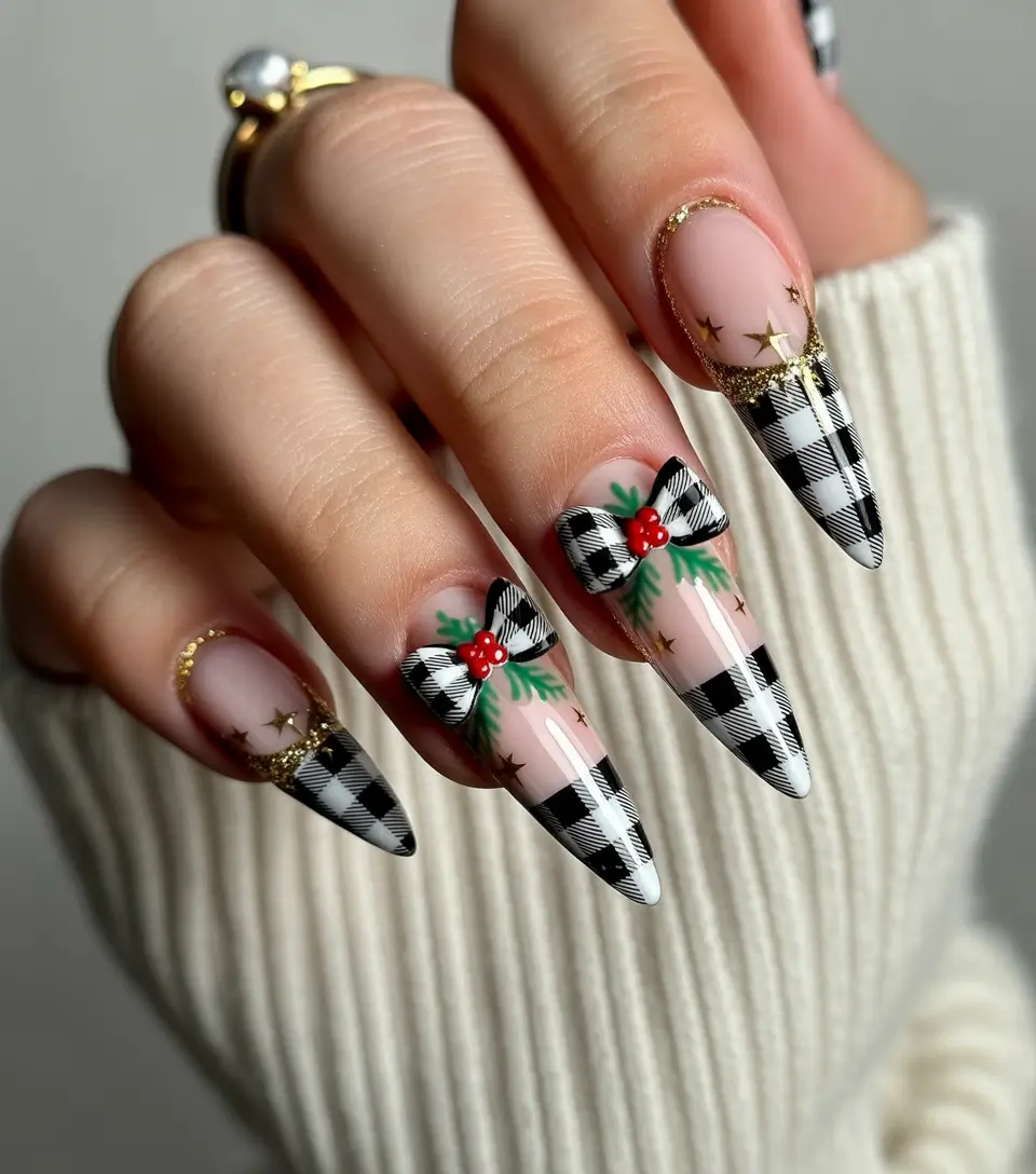 White Nail Trends Christmas 2025 Buffalo Check & Bows