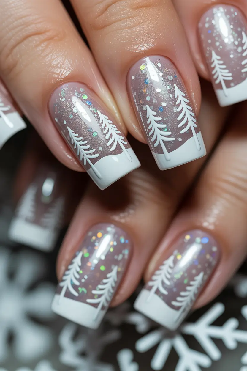 White Nail Trends Christmas 2025 Snowy Pine Scene
