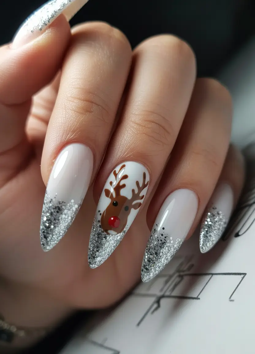 White Nail Trends Christmas 2025 Rudolph Sparkle Tips