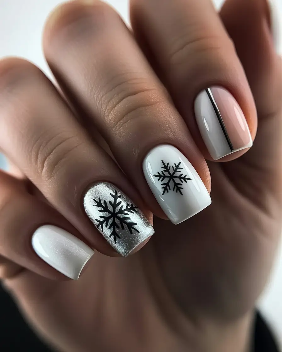 White Nail Trends Christmas 2025 Black & Silver Snowflakes