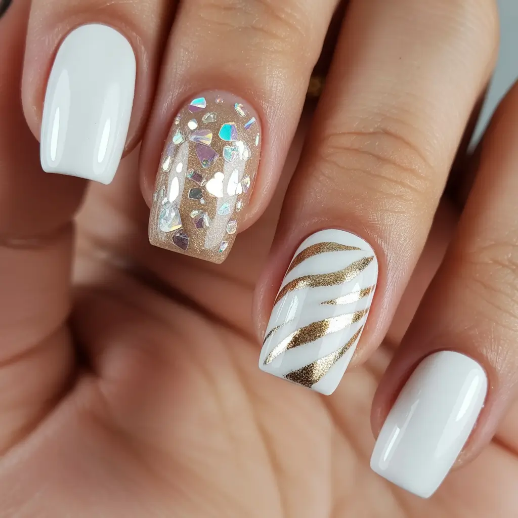 White Nail Trends Christmas 2025 Golden Glam Mosaic