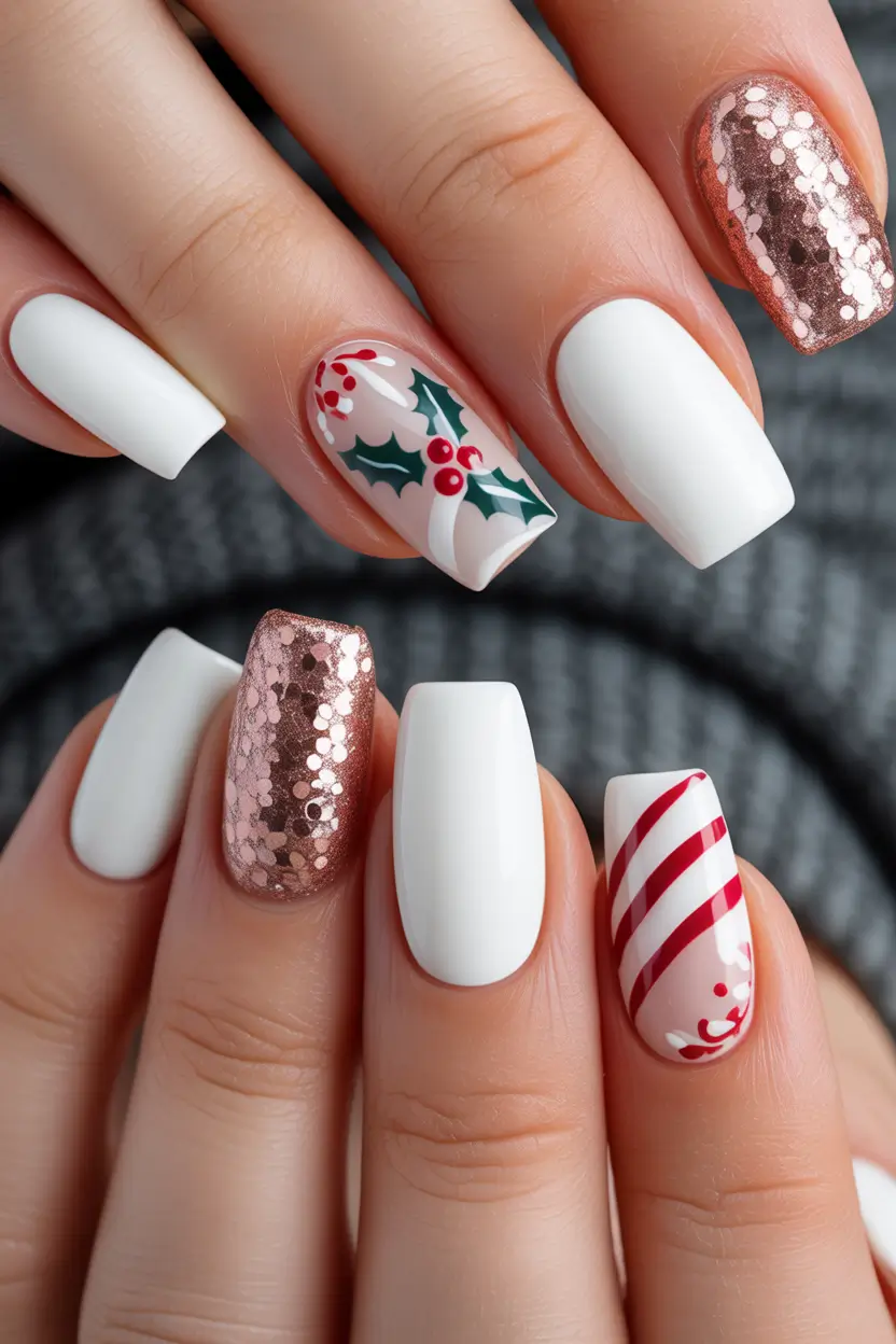 White Nail Trends Christmas 2025 White & Rose Gold Holiday Mix