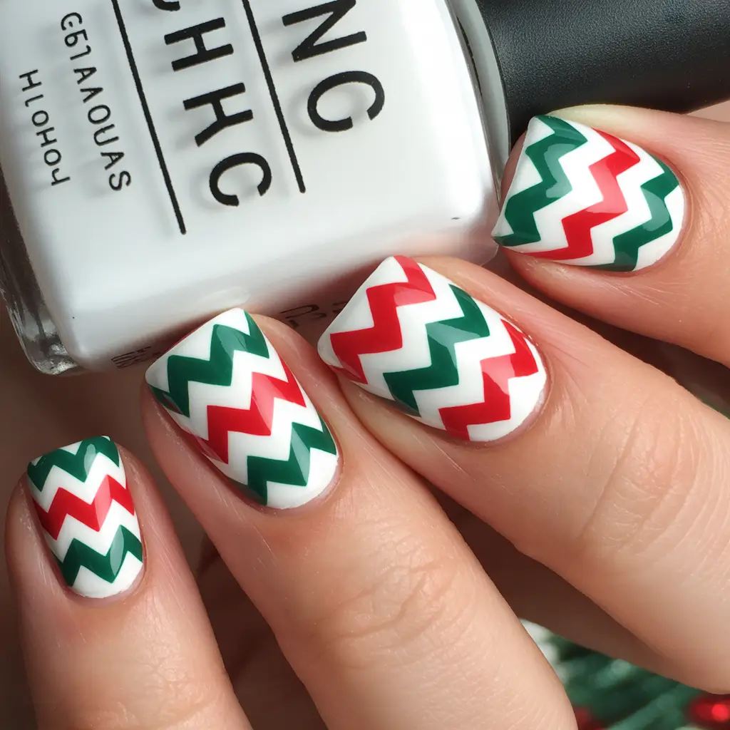 White Nail Trends Christmas 2025 Red & Green Chevron Chic