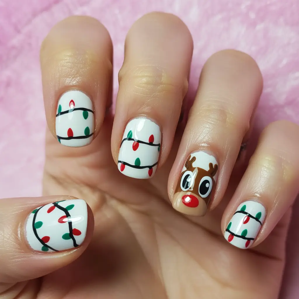 White Nail Trends Christmas 2025 Rudolph & Fairy Lights