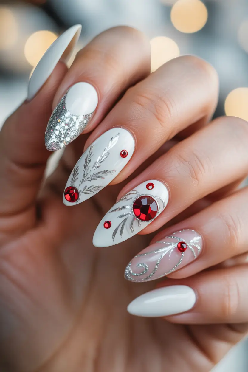 White Nail Trends Christmas 2025 White Luxe with Ruby Accents