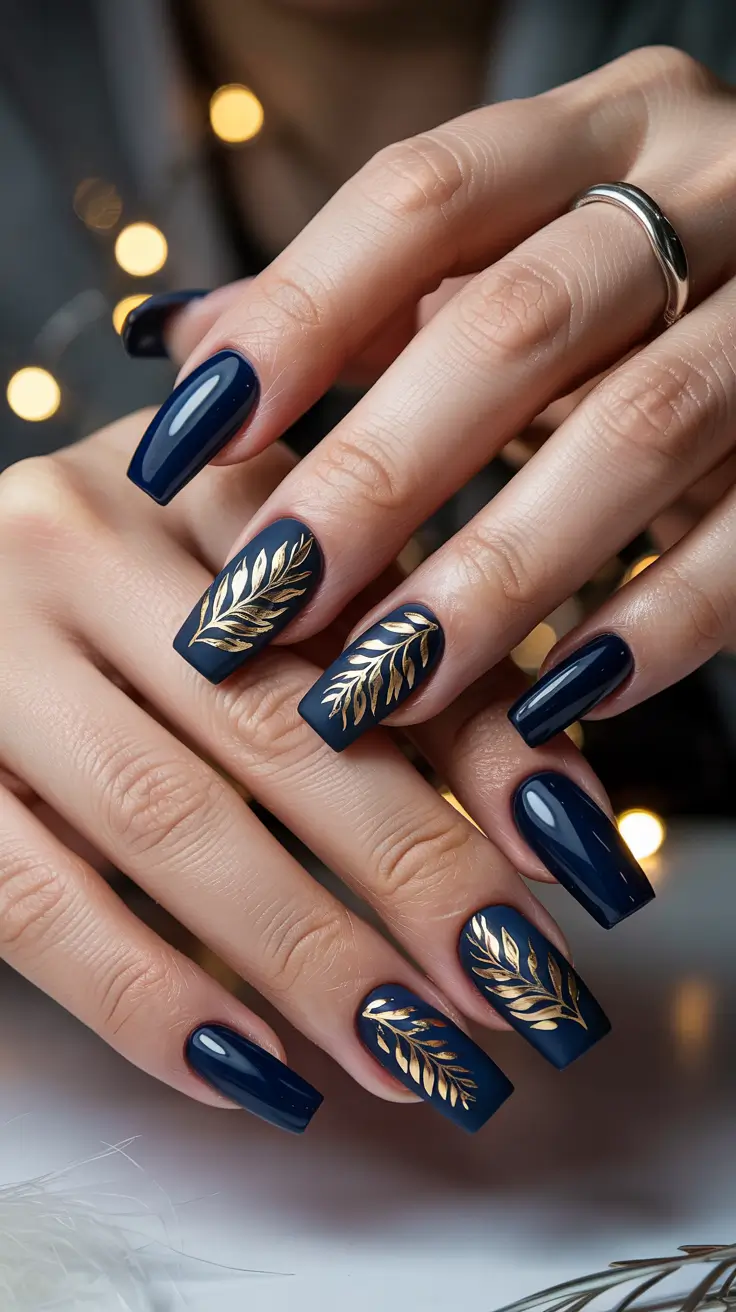 Winter 2025–2026 Dark Nail Colors Ideas Golden Midnight Elegance