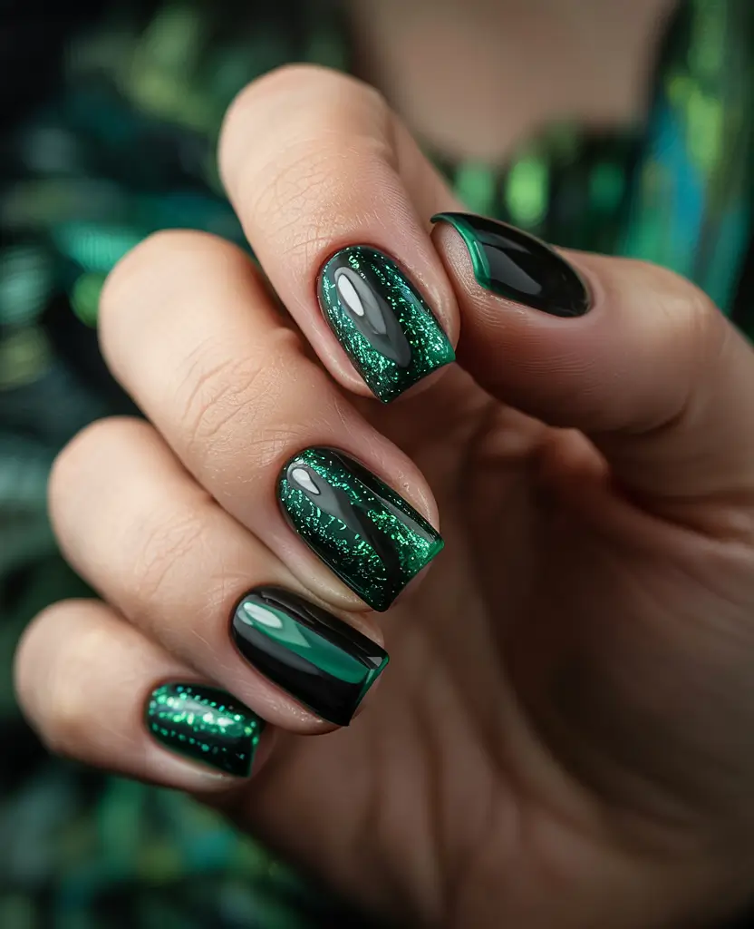Winter 2025–2026 Dark Nail Colors Ideas Emerald Spark Fade
