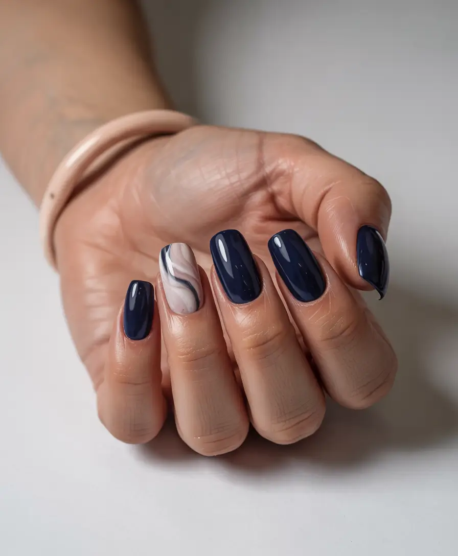 Winter 2025–2026 Dark Nail Colors Ideas Marble Mist Navy