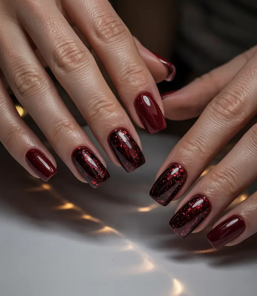 Winter 2025–2026 Dark Nail Colors Ideas Red Garnet Spark