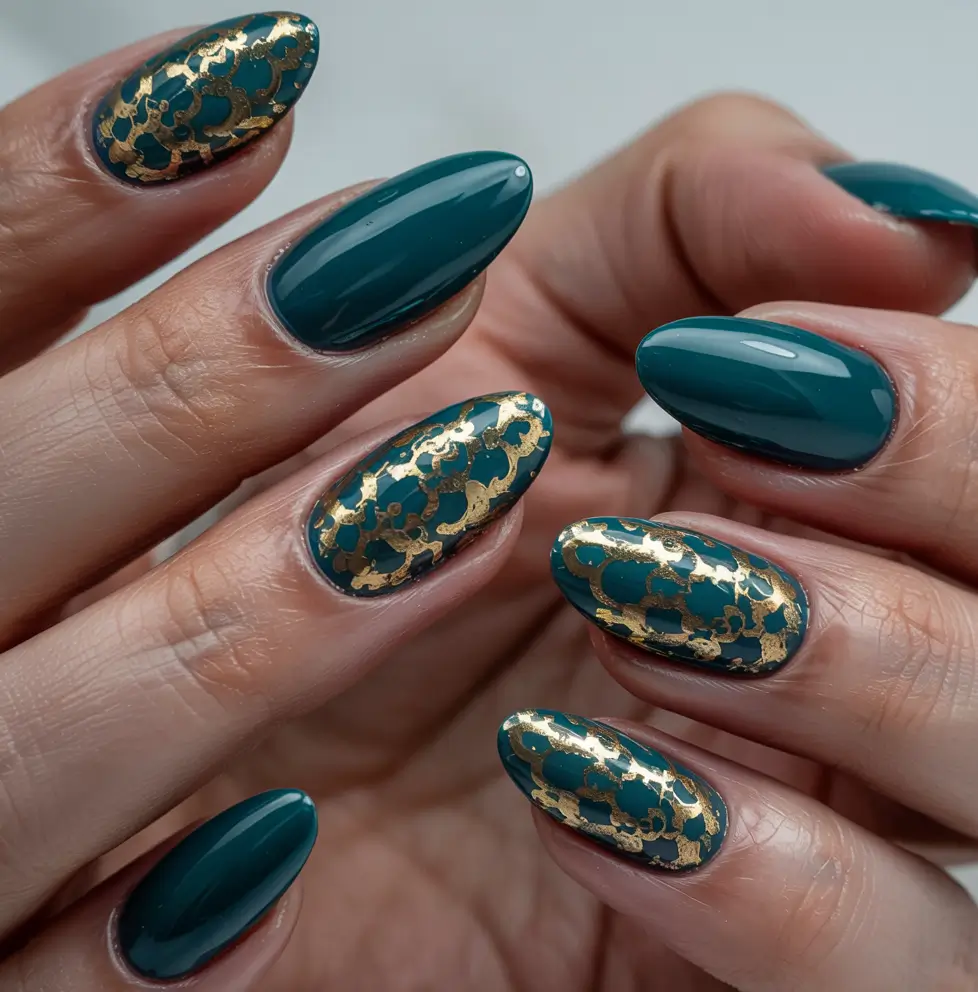Winter 2025–2026 Dark Nail Colors Ideas Emerald Luxe with Gold Lace