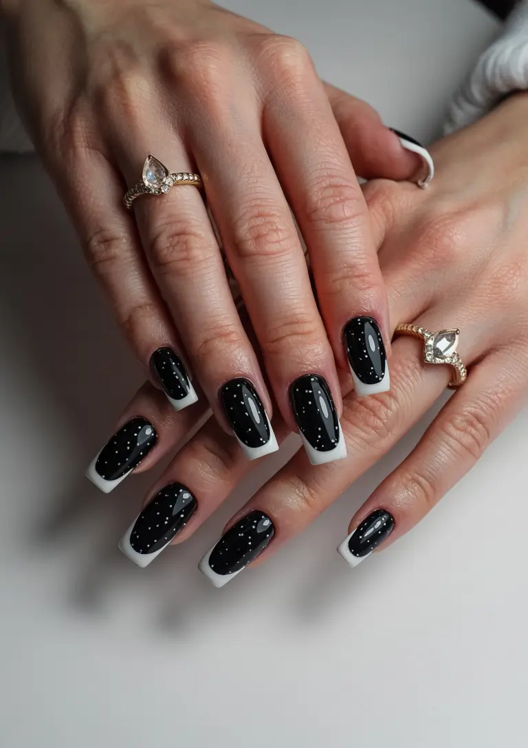 Winter 2025–2026 Dark Nail Colors Ideas Frosted French Galaxy