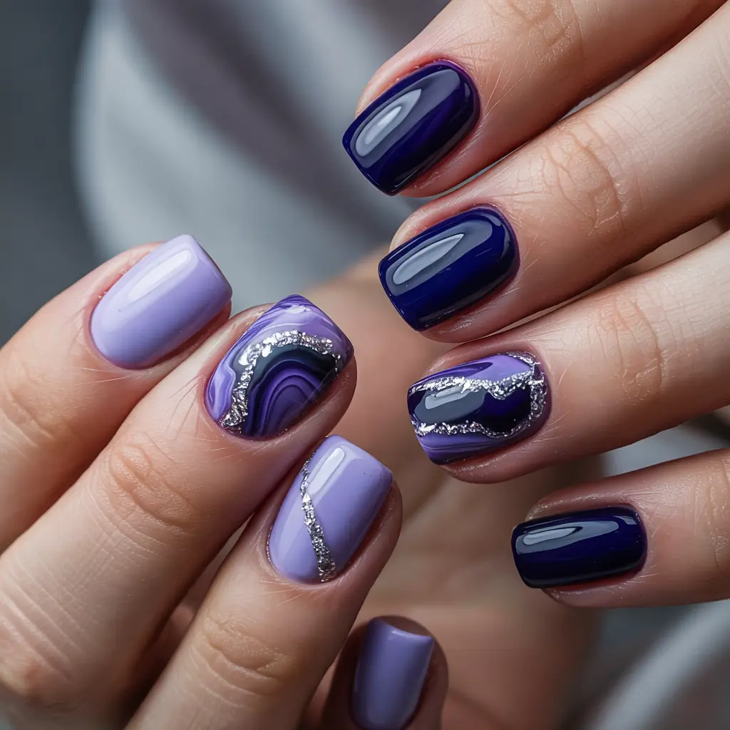 Winter 2025–2026 Dark Nail Colors Ideas Lavender Agate Waves