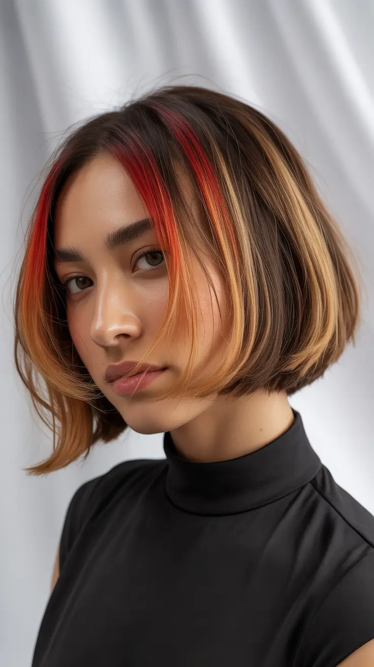 Winter 2025–2026 Hair Colors Ideas for Brunette – Bold Streaks of Red and Gold