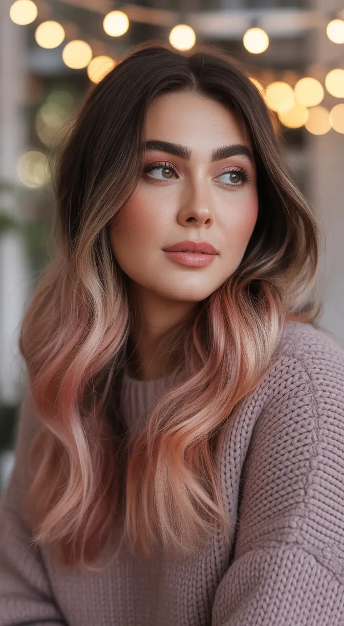 Winter 2025–2026 Hair Colors Ideas for Brunette – Rosé-Toned Balayage