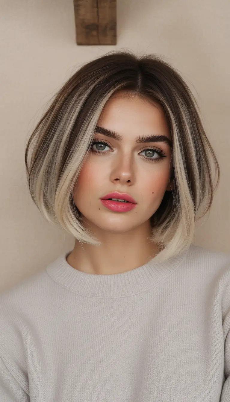 Winter 2025–2026 Hair Colors Ideas for Brunette – Frosted Bob with Platinum Panels