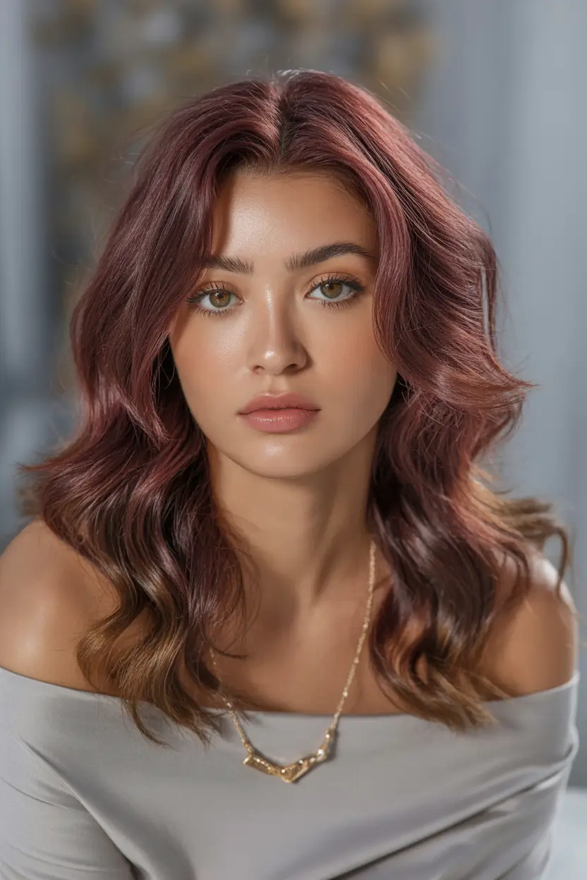 Winter 2025–2026 Hair Colors Ideas for Brunette – Wine-Toned Winter Waves