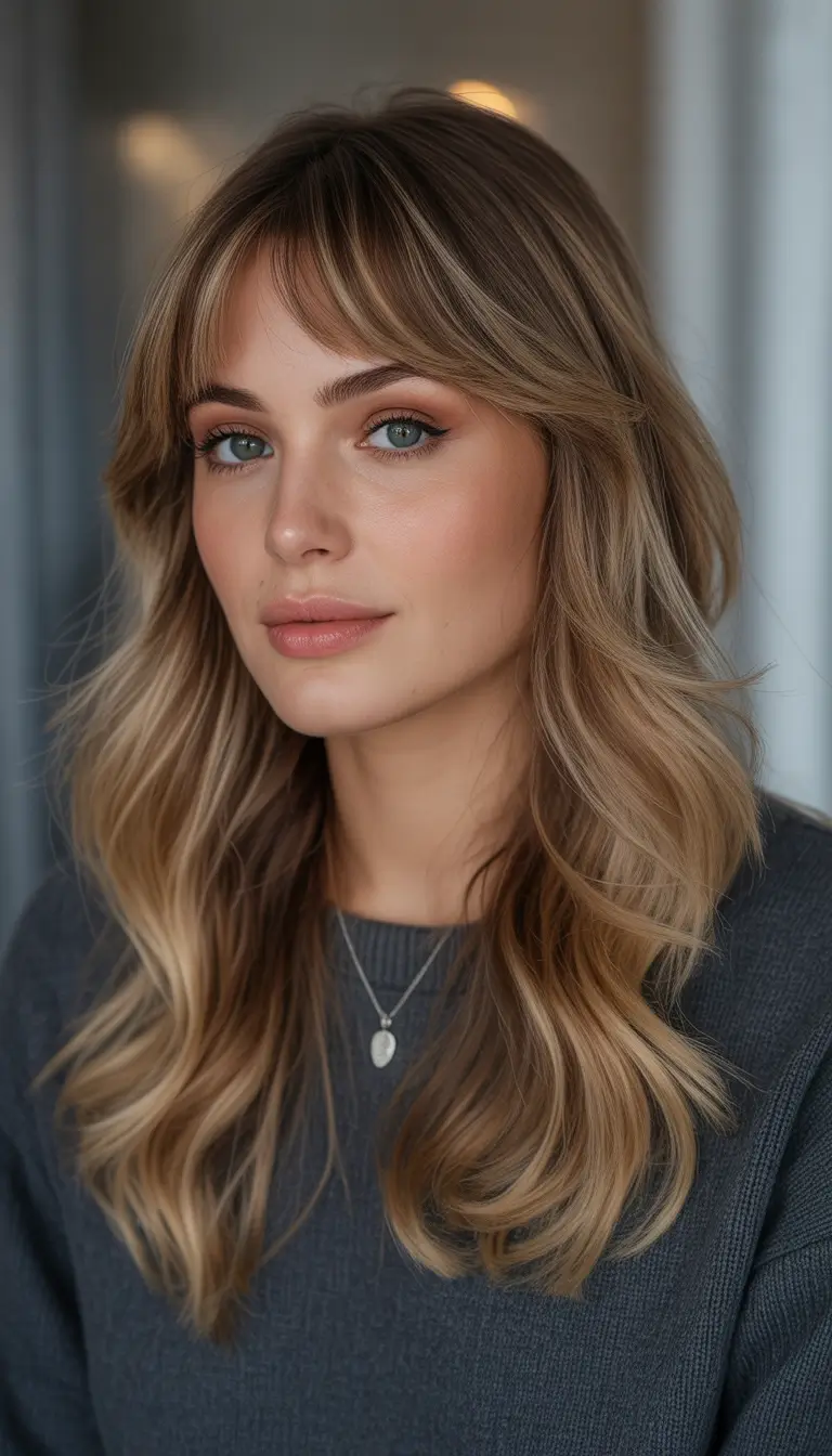 Winter 2025–2026 Hair Colors Ideas for Brunette – Soft Blonde Balayage with Curtain Bangs