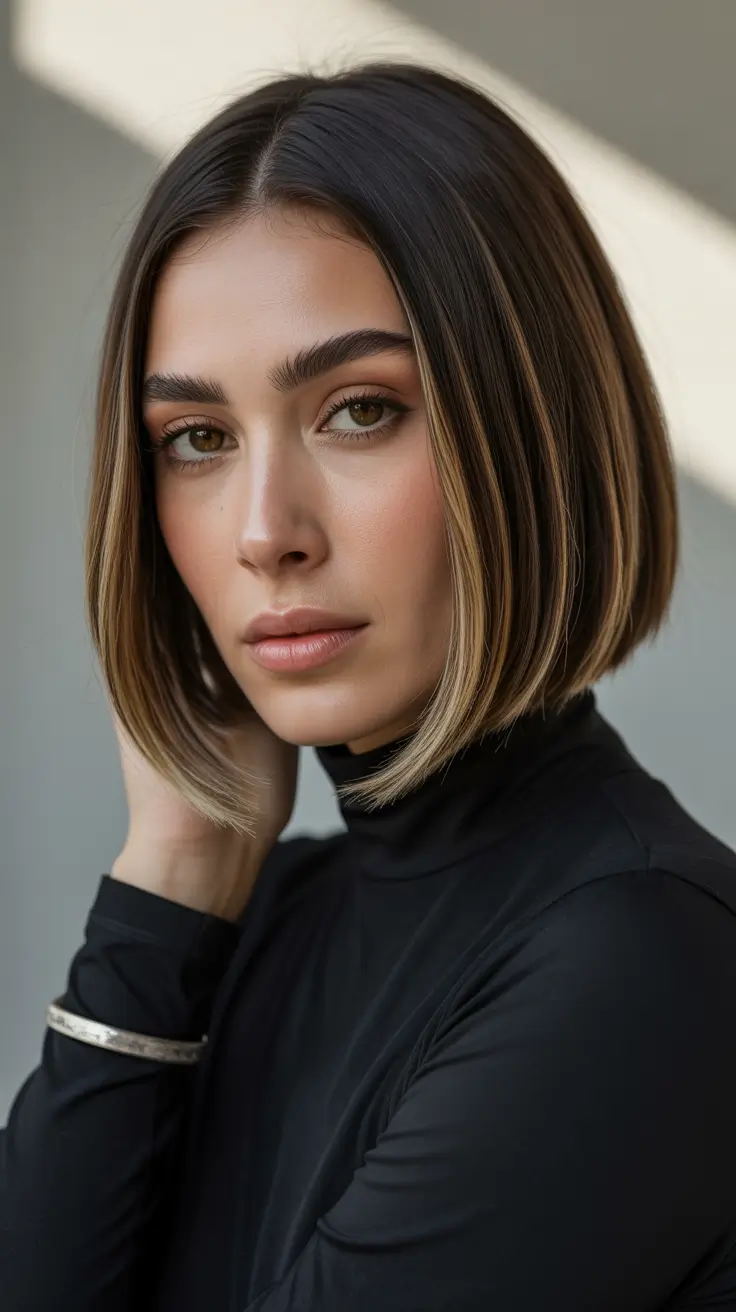 Winter 2025–2026 Hair Colors Ideas for Brunette – Sleek Brunette with Carved Highlights