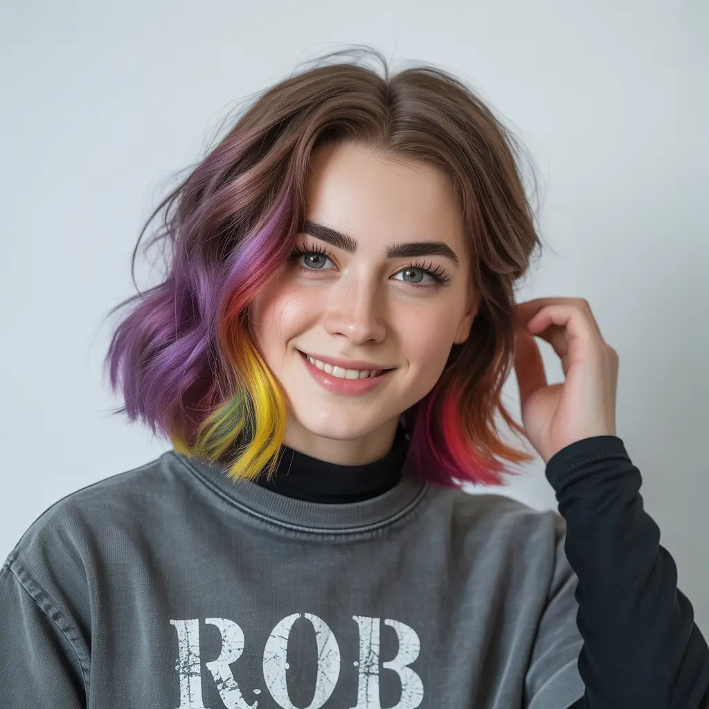 Winter 2025–2026 Hair Colors Ideas for Brunette – Playful Multicolor Bob