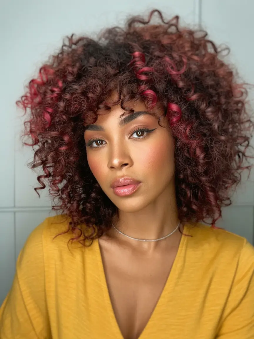 Winter 2025–2026 Hair Colors Trends Dark Skin Curly Burgundy Spice