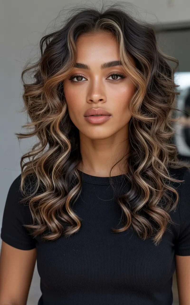 Winter 2025–2026 Hair Colors Trends Dark Skin Caramel Swirls on Curly Hair