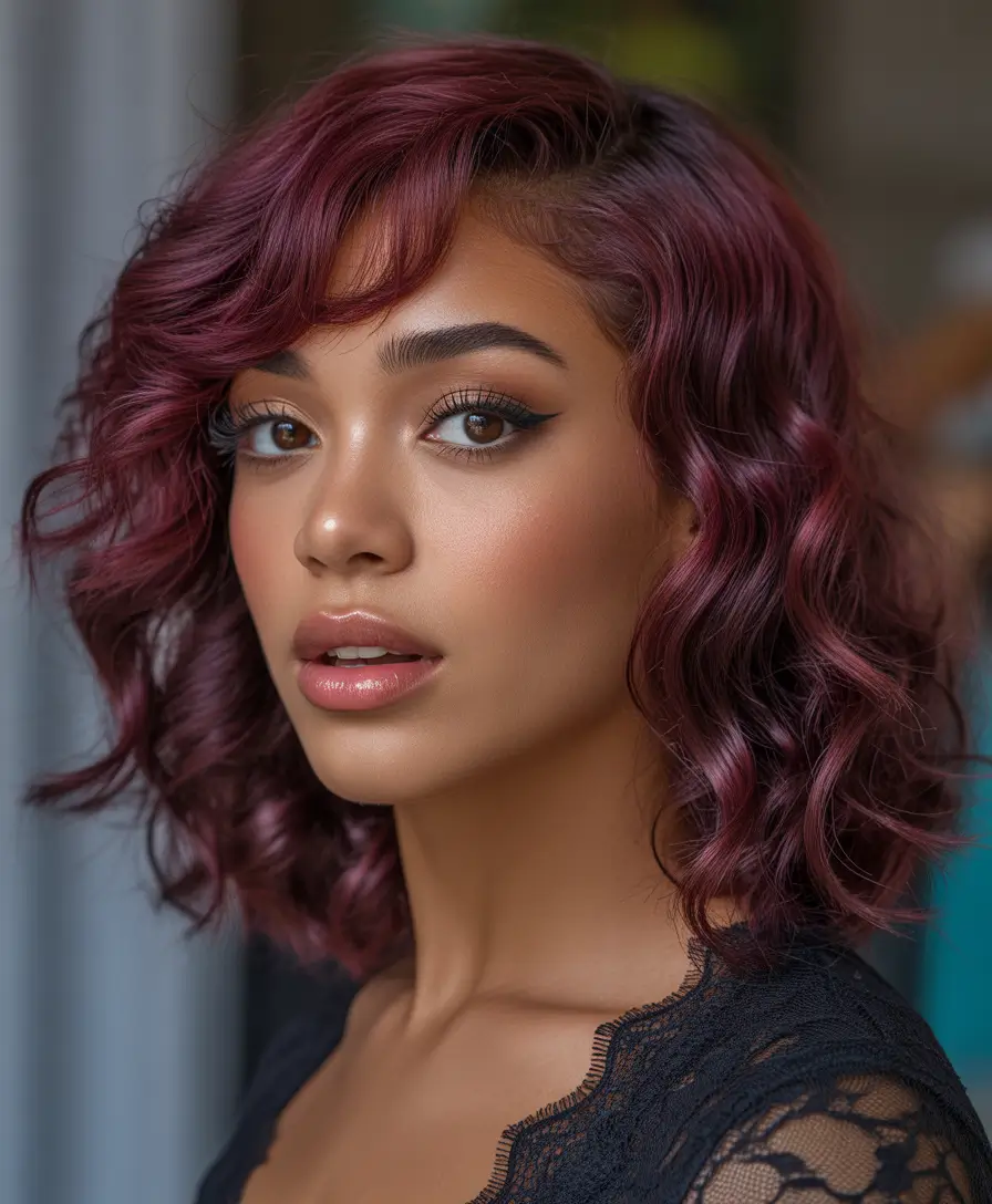 Winter 2025–2026 Hair Colors Trends Dark Skin Short Red Wine Waves