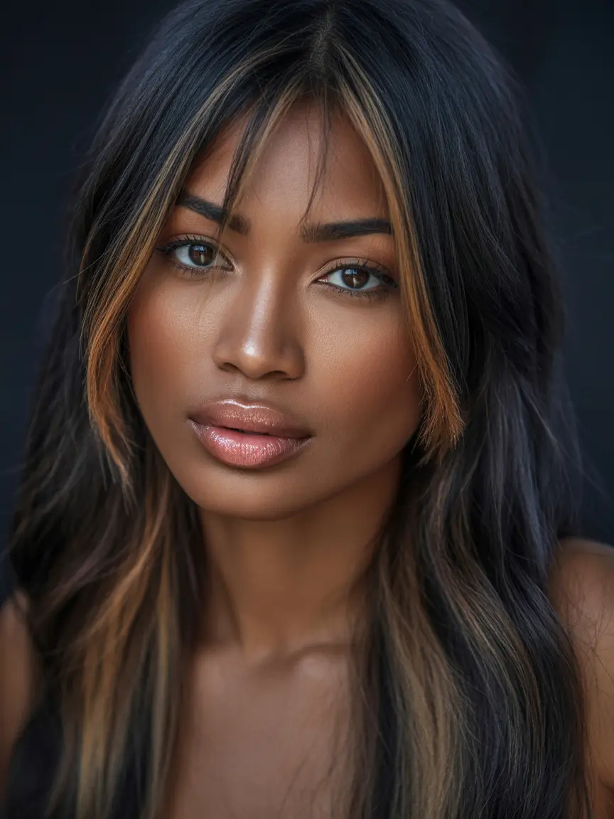 Winter 2025–2026 Hair Colors Trends Dark Skin Chocolate Cherry Curtain Bangs