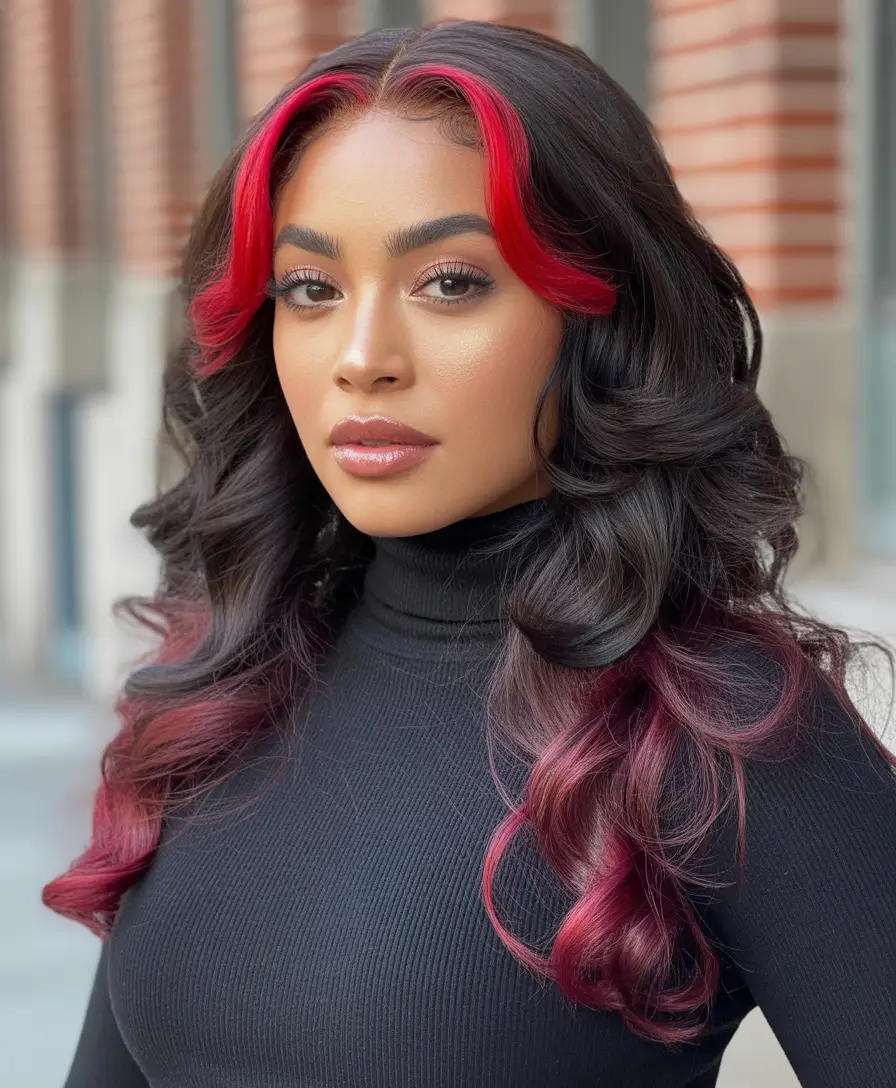 Winter 2025–2026 Hair Colors Trends Dark Skin Bold Red and Black Layers