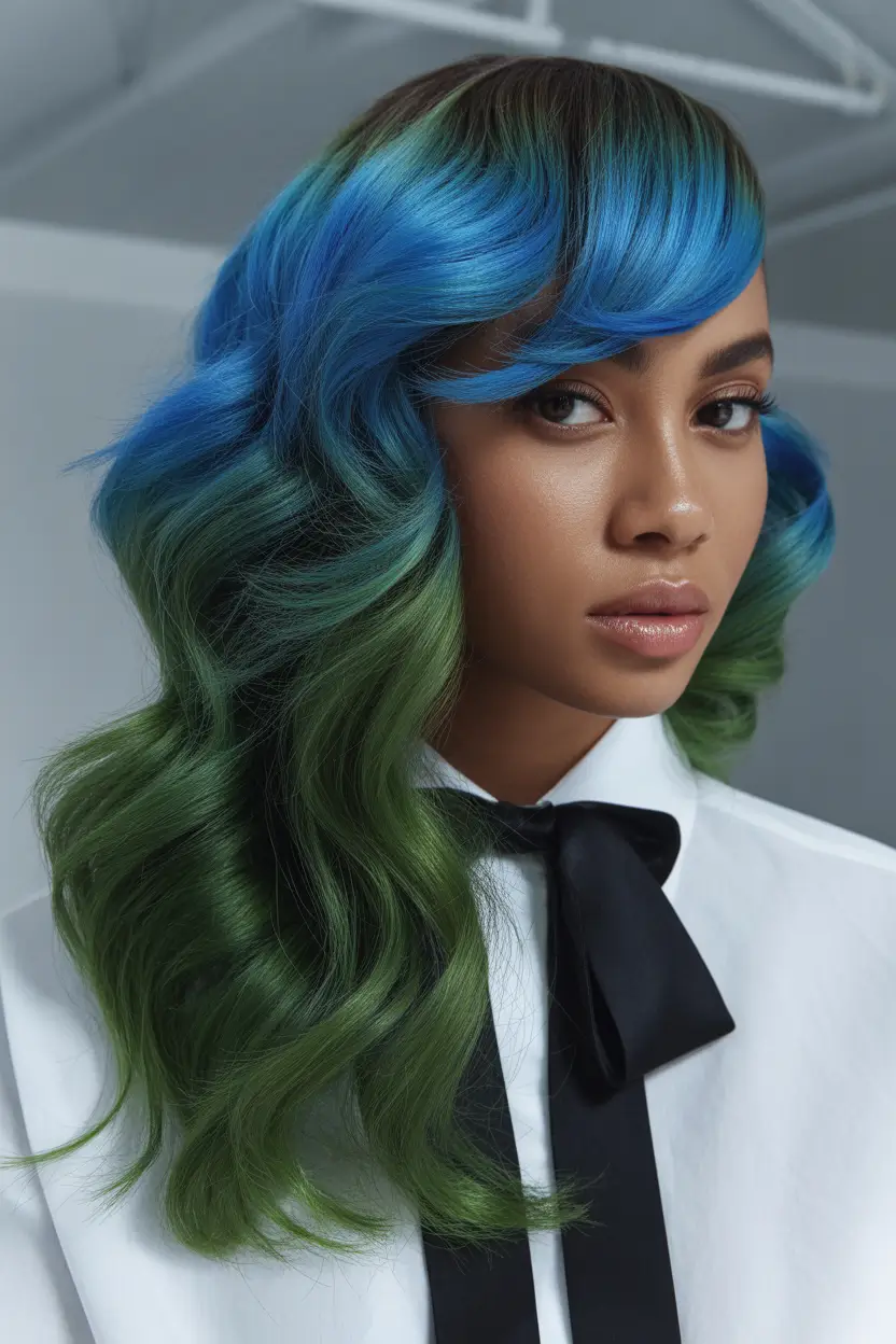 Winter 2025–2026 Hair Colors Trends Dark Skin Blue and Green Fantasy Waves