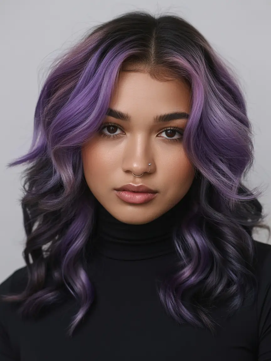 Winter 2025–2026 Hair Colors Trends Dark Skin Lavender Black Blue Ombre