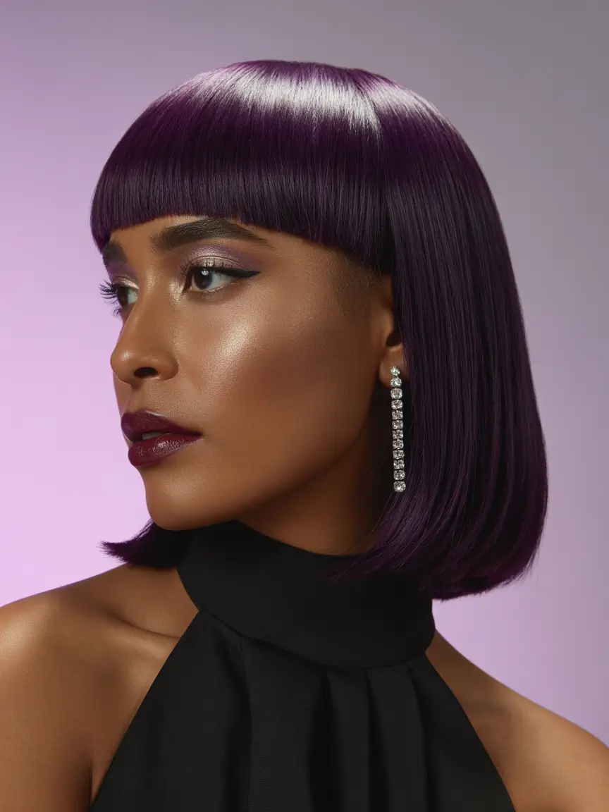 Winter 2025–2026 Hair Colors Trends Dark Skin Royal Plum Bob