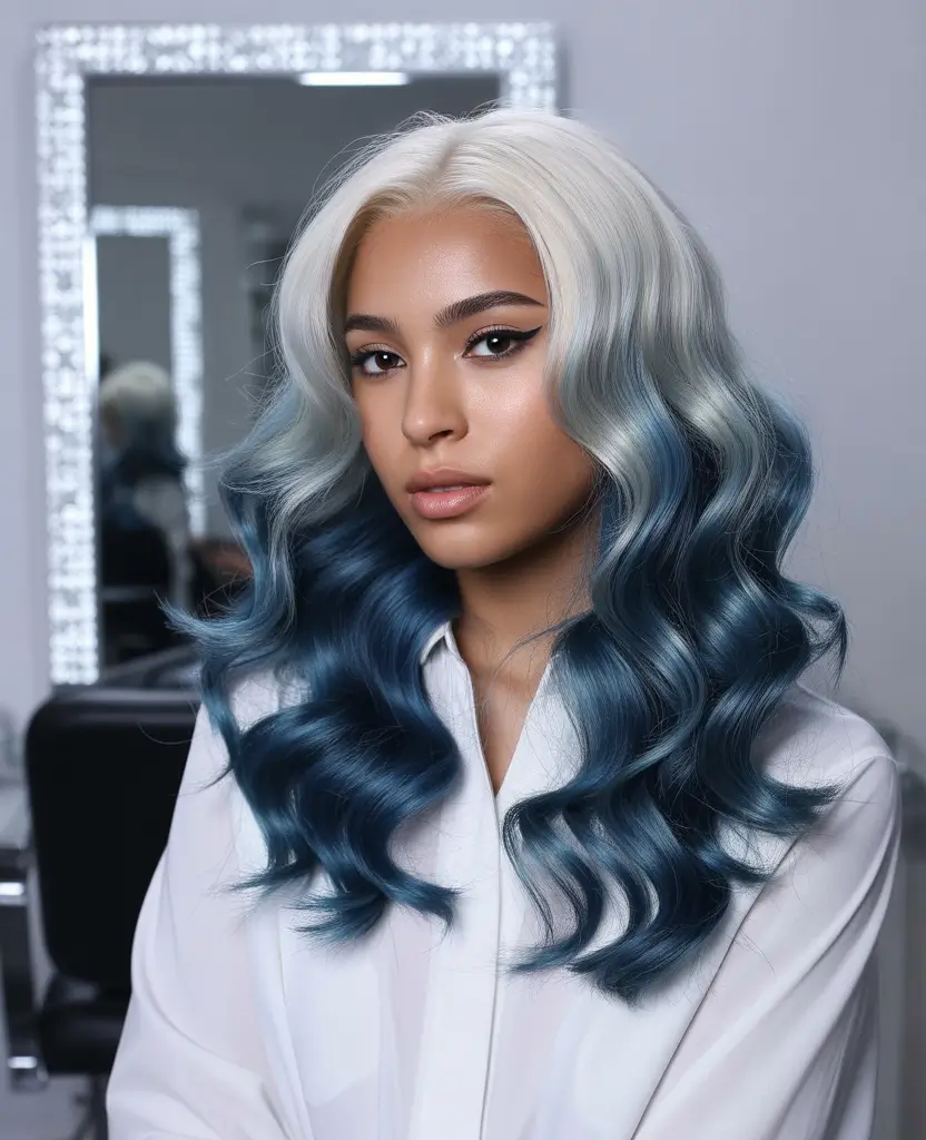 Winter 2025–2026 Hair Colors Trends Dark Skin Frosted Blue Ombre